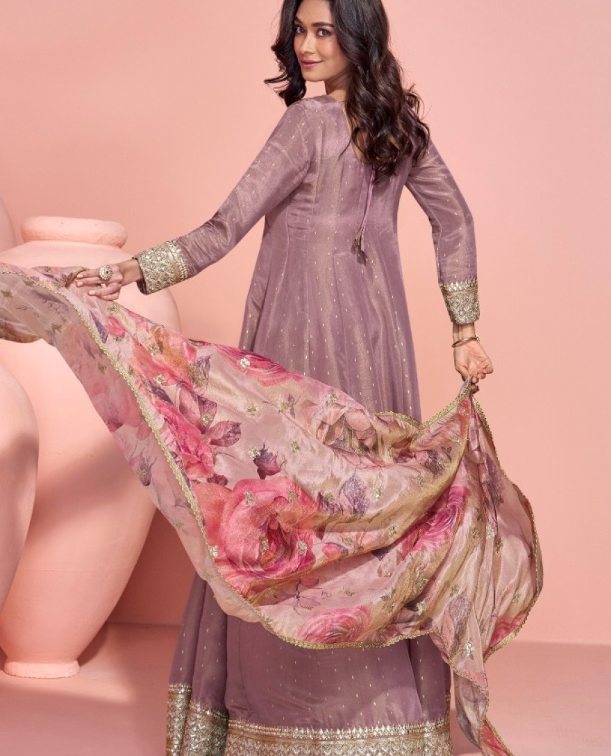 2025 - DULL MAUVE DESIGNER EMBROIDERED PURE JACQUARD SILK ANARKALI SUIT